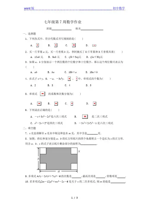 2020-2021学年人教版七年级数学周末作业(七) 2.1  整式 