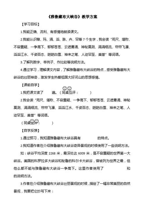 人教版四年级上册语文第一单元《雅鲁藏布大峡谷》教学方案