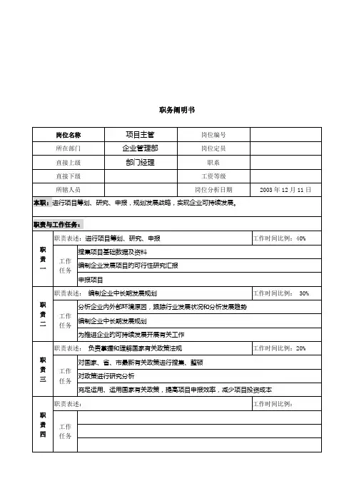 项目主管岗位说明书