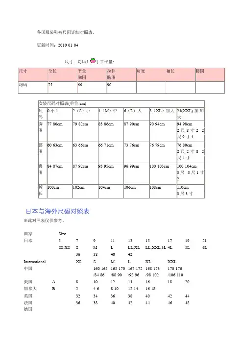 各国服装鞋裤尺码详细对照表