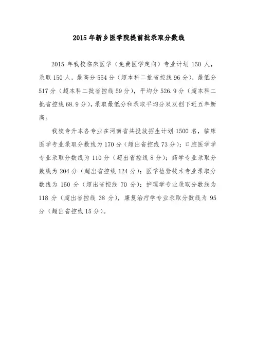 2015年新乡医学院提前批录取分数线