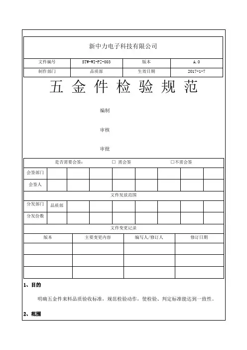 五金件检验标准