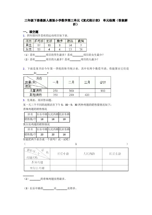 三年级下册最新人教版小学数学第三单元《复式统计表》 单元检测(答案解析)
