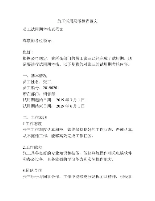 员工试用期考核表范文