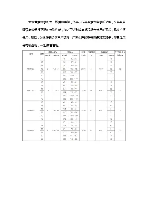 大流量潜水泵型号大全