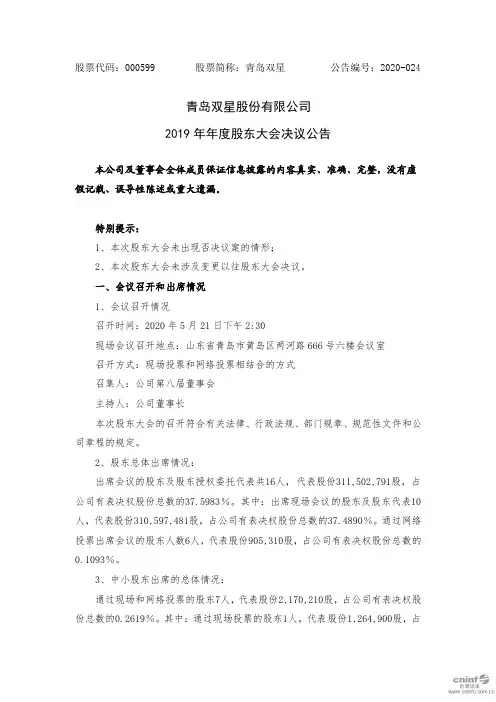 青岛双星：2019年年度股东大会决议公告