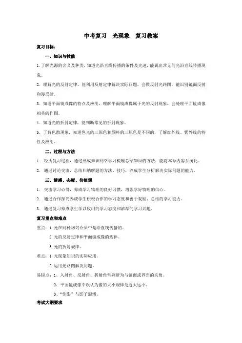 物理人教版八年级上册中考复习光现象教学设计