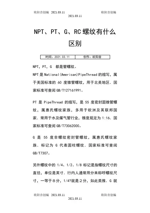 NPT、PT、G、RC螺纹有什么区别之欧阳音创编