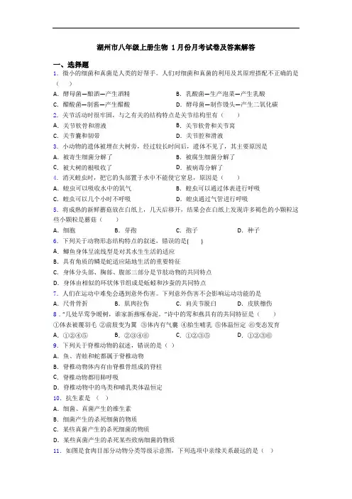湖州市八年级上册生物 1月份月考试卷及答案解答