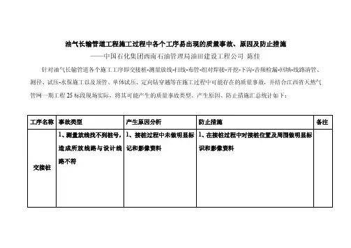 油气长输管道工程中各个工序易出现的质量事故、原因、防止措施