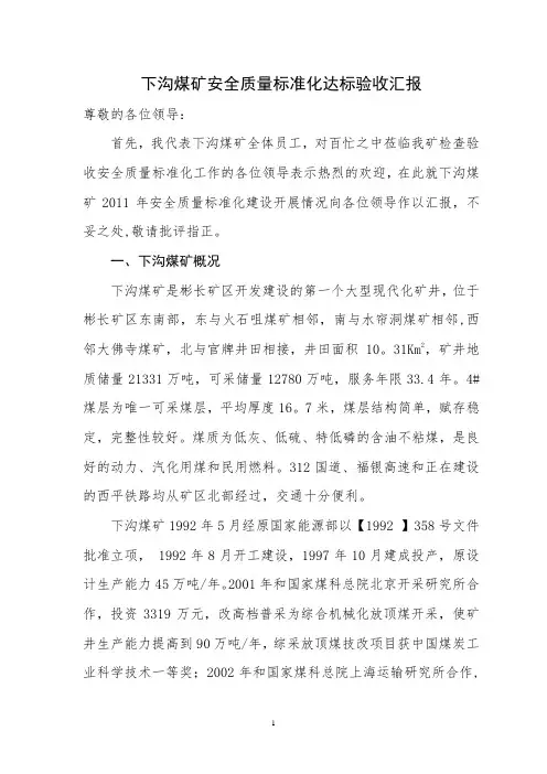 一级安全质量标准化矿井达标验收汇报材料