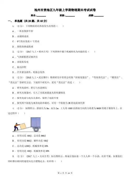 池州市贵池区九年级上学期物理期末考试试卷