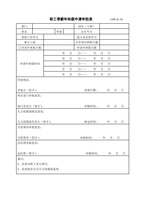 职工带薪年休假申请审批表ISO