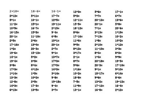一年级20以内加减法口算题(1000道)(A4直接打印)-自制数学口算作业Word版