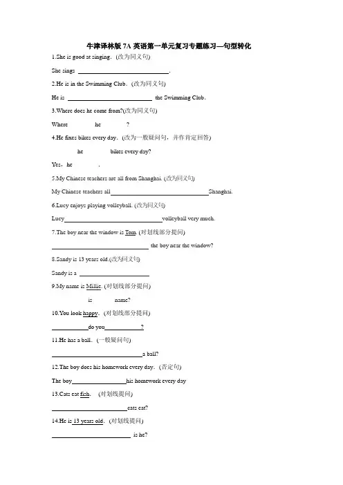 牛津译林版7A英语第一单元复习专题练习—句型转化
