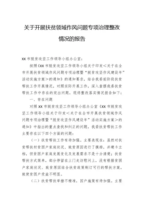 关于开展扶贫领域作风问题专项治理整改情况的报告