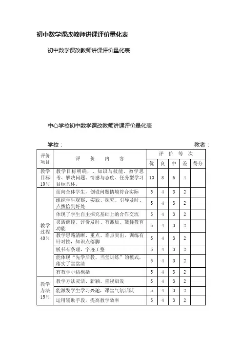 初中数学课改教师讲课评价量化表