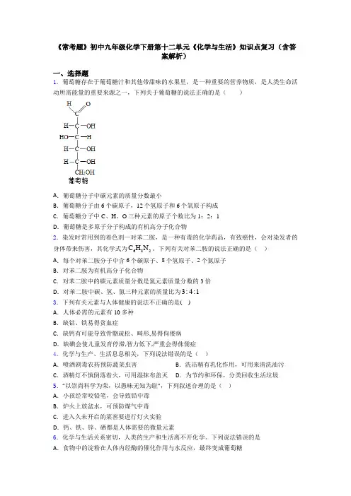 《常考题》初中九年级化学下册第十二单元《化学与生活》知识点复习(含答案解析)
