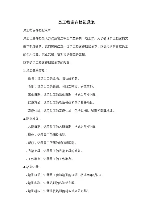 员工档案存档记录表