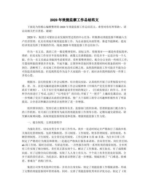 2020年效能监察工作总结范文