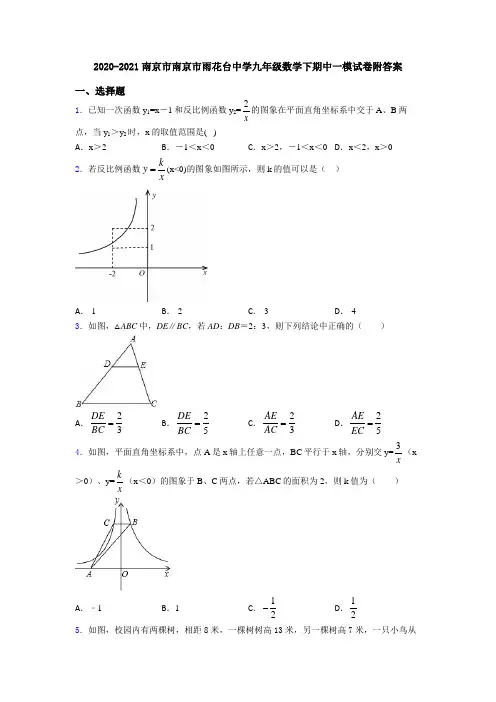 2020-2021南京市南京市雨花台中学九年级数学下期中一模试卷附答案