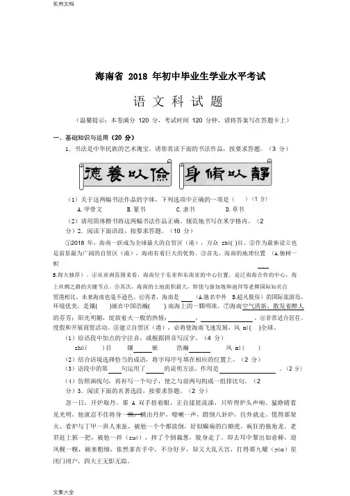 海南省2018年初中毕业生学业水平考试(含问题详解)