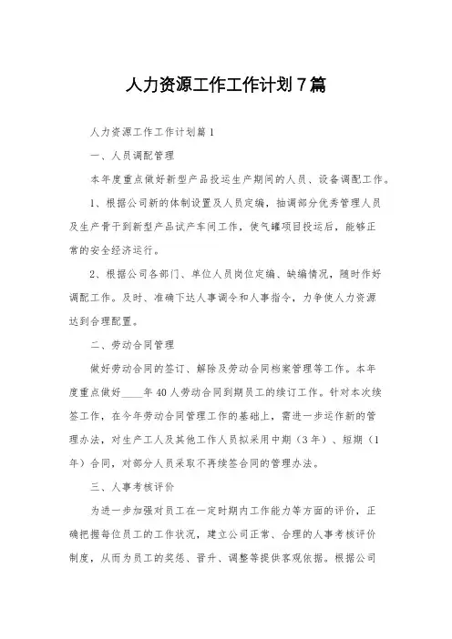 人力资源工作工作计划7篇