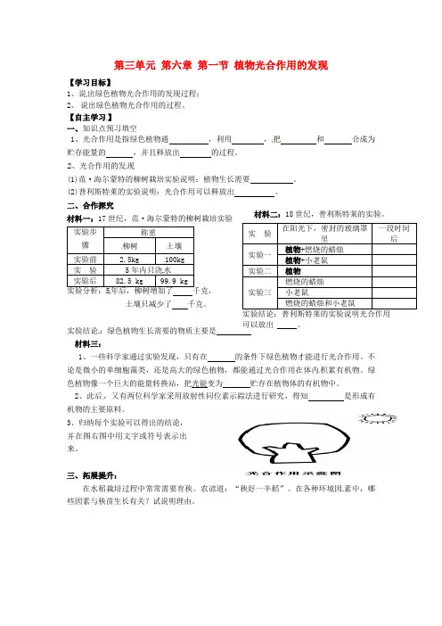 河南省郑州市第四十八中学七年级生物上册 第三单元 第六章 第一节 植物光合作用的发现导学案(无答案) 苏