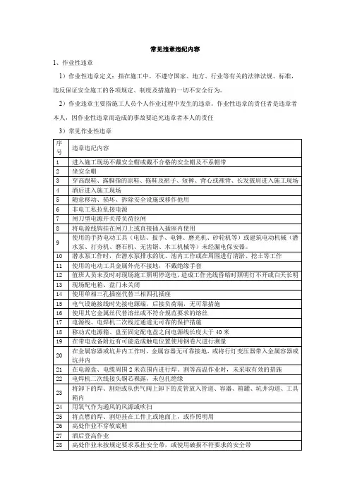 常见违章违纪内容