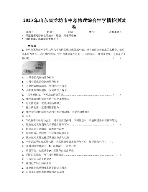 2023年山东省潍坊市中考物理综合性学情检测试卷及解析