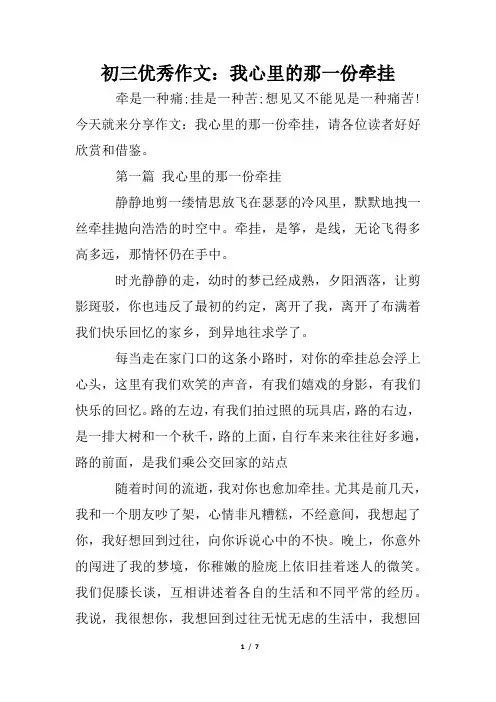 初三优秀作文：我心里的那一份牵挂