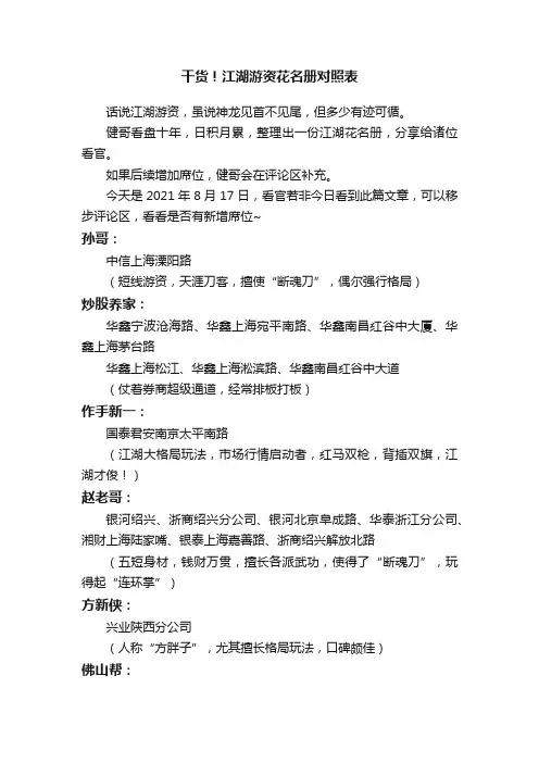 干货！江湖游资花名册对照表