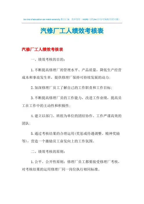 2021年汽修厂工人绩效考核表