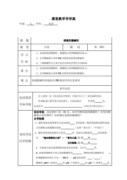 九年级化学溶液的酸碱性导学案