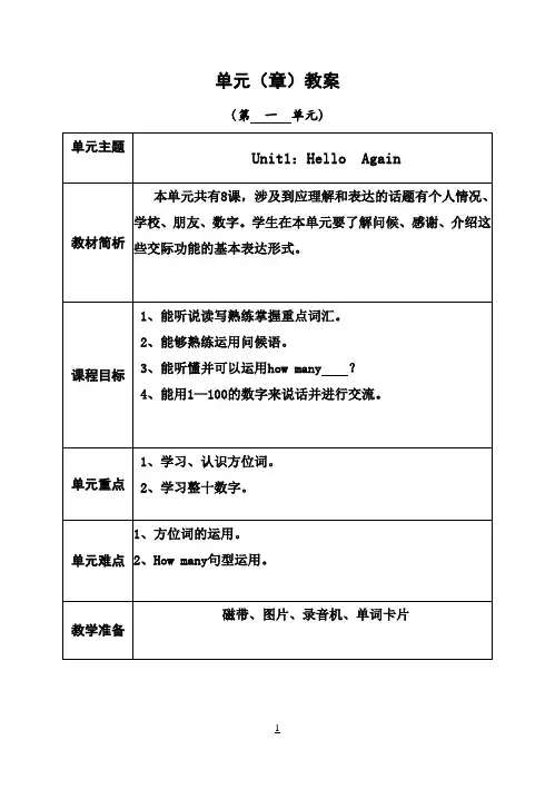 冀教版小学四年级下册英语全册教案