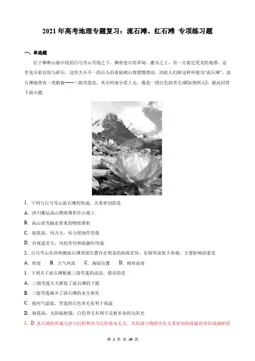 2021年高考地理专题复习：流石滩、红石滩 专项练习题(含答案解析)