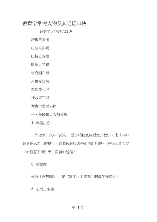 教育学常考人物及其记忆口诀
