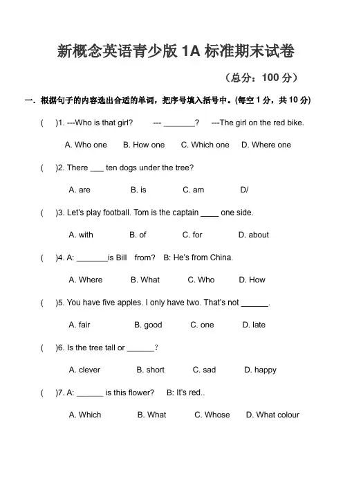 新概念英语青少版1a期末考试(无听力)