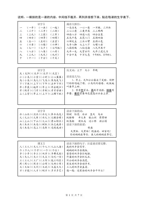 苏教版小学语文一年级上册生字组词(扩词)(字卡)2014