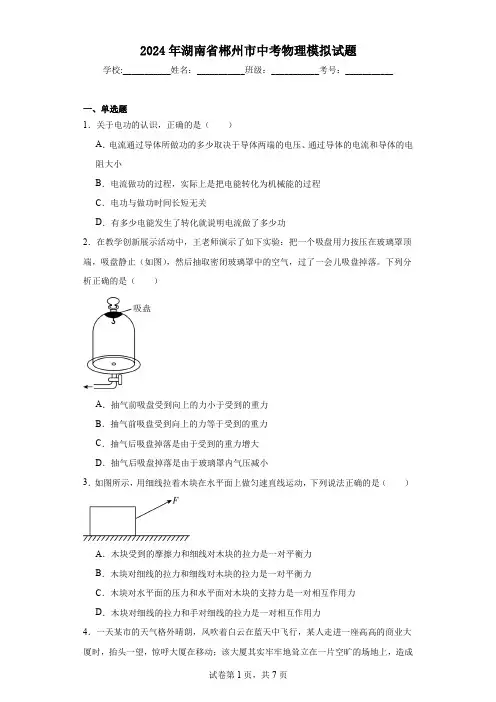 【中考压轴】2024年湖南省郴州市中考物理模拟试题(附答案)