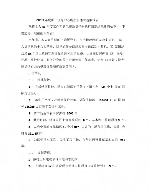 2019年度国土资源中心所所长述职述廉报告