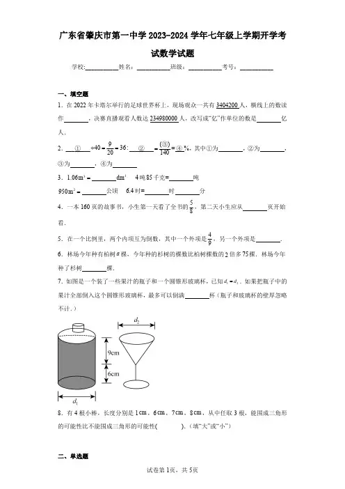 广东省肇庆市第一中学2023-2024学年七年级上学期开学考试数学试题