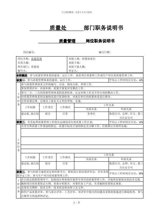 北大纵横—中国兵器工业—质量管理职位说明书