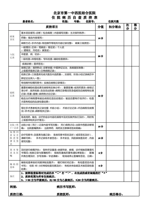 住院病历自查质控表