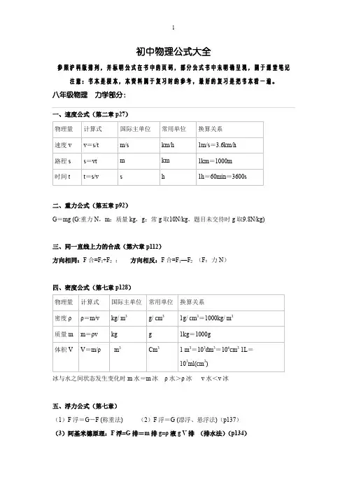 (完整word版)初中物理公式大全(沪科版)