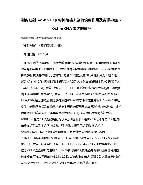 鞘内注射Ad-hNGFβ对神经痛大鼠的镇痛作用及背根神经节Kv1 mRNA表达的影响