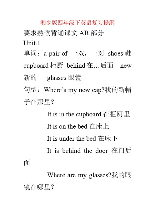 【强烈推荐】湘少版四年级下英语复习提纲