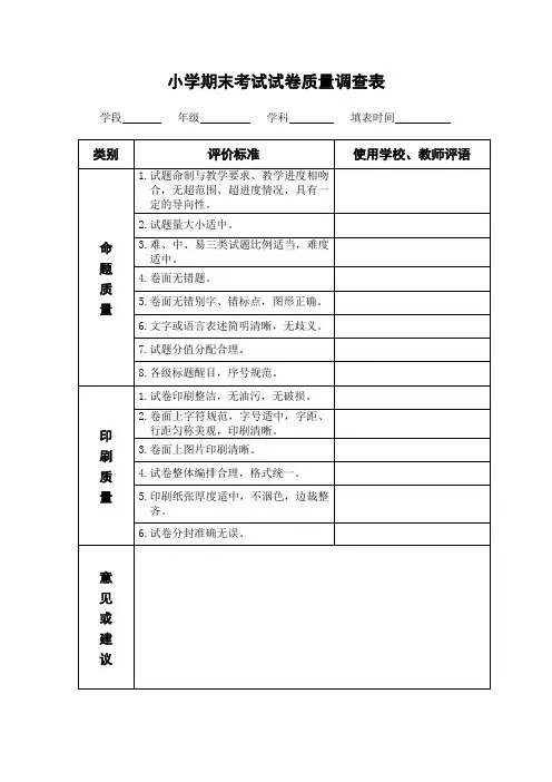 小学期末考试试卷质量调查表