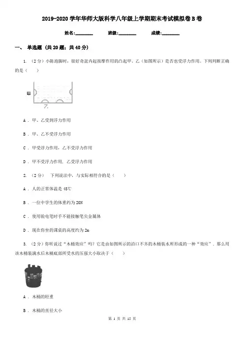 2019-2020学年华师大版科学八年级上学期期末考试模拟卷B卷