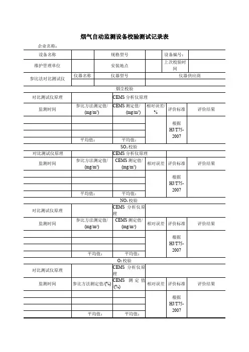 烟气自动监测设备校验测试记录表